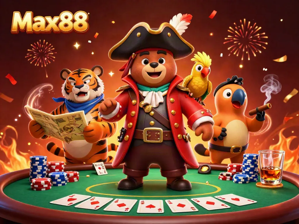 Engage with Max88 at an exciting poker scene featuring a pirate bear, tiger, and parrot.