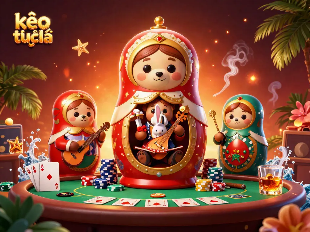 Experience the excitement of kèo trực tuyến with a lively 3D cartoon illustration featuring bears and a rabbit in a vibrant casino scene.
