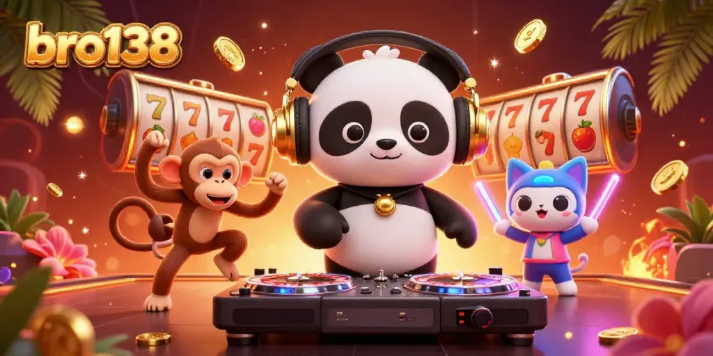 Experience the excitement at bro138 with a lively 3D scene featuring a DJ panda spinning and winning on slots.