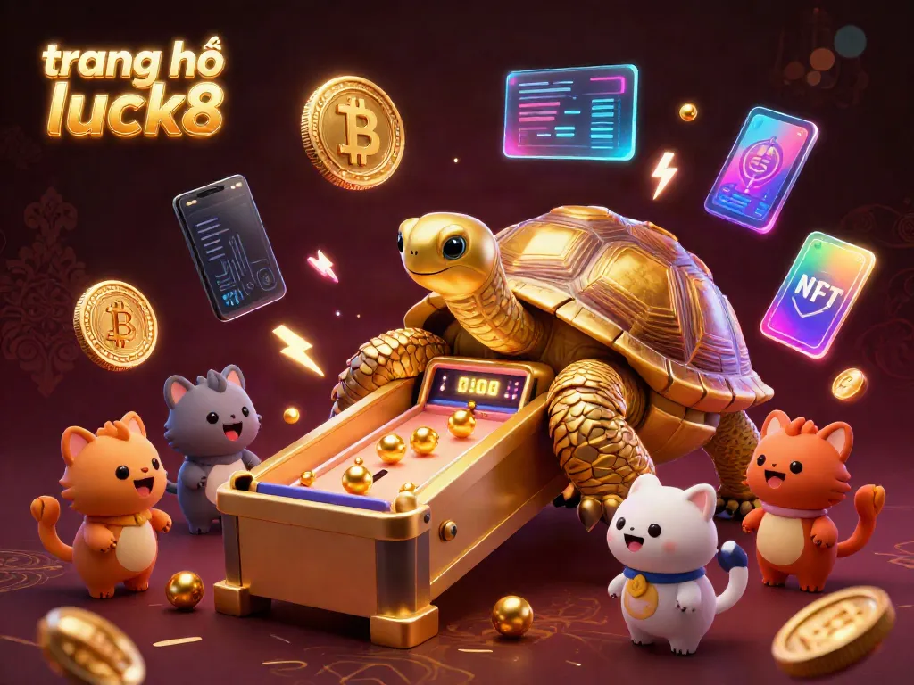 Engage with the vibrant scene at trang chủ luck8, featuring a golden tortoise pinball machine with cryptocurrency elements.