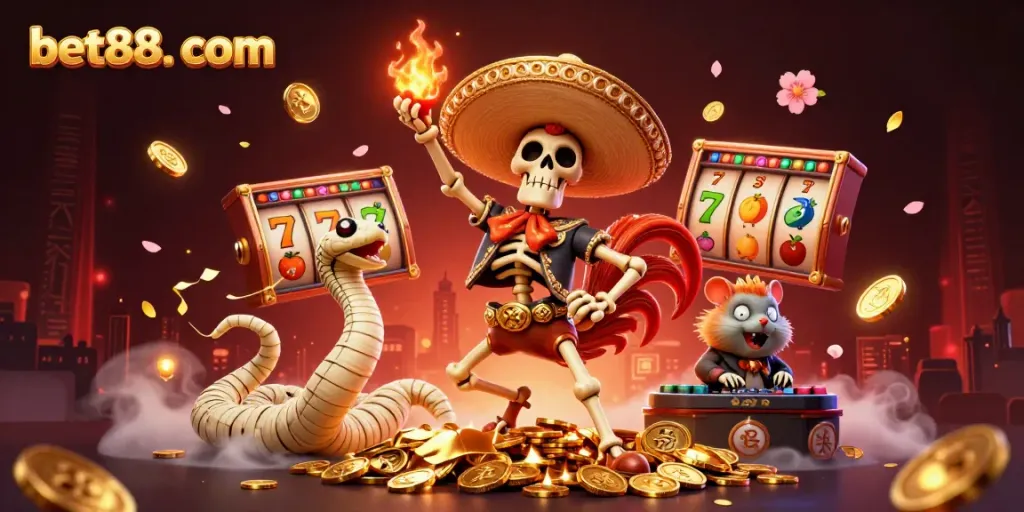 Experience the excitement of bet88. com with a vibrant casino celebration featuring dynamic characters and joyful gaming elements.