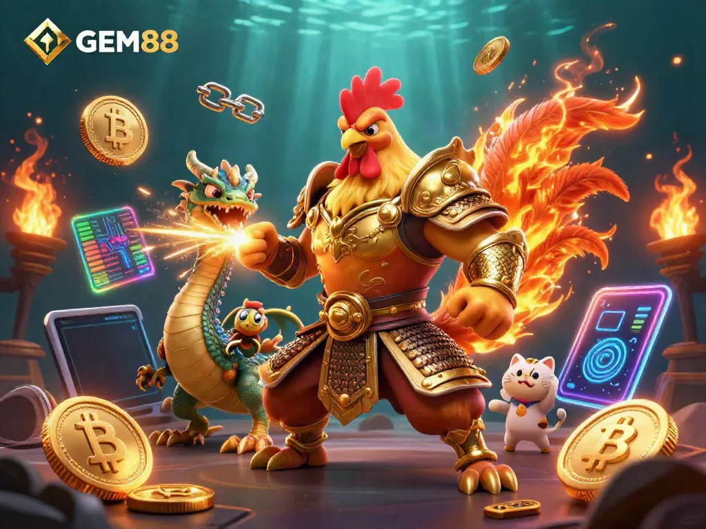Experience GEM88's thrilling gaming landscape with a powerful rooster warrior and dragon hatchling amid neon crypto elements.