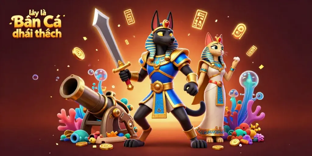 Engage in the excitement of lại là Bắn cá đổi thưởng with Anubis and Bastet amidst vibrant fish game elements.