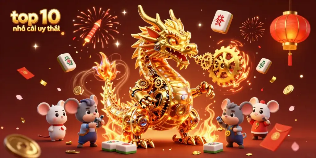 Engage with top 10 nhà cái uy tín through this vibrant 3D illustration showcasing a golden dragon in a festive gambling scene.