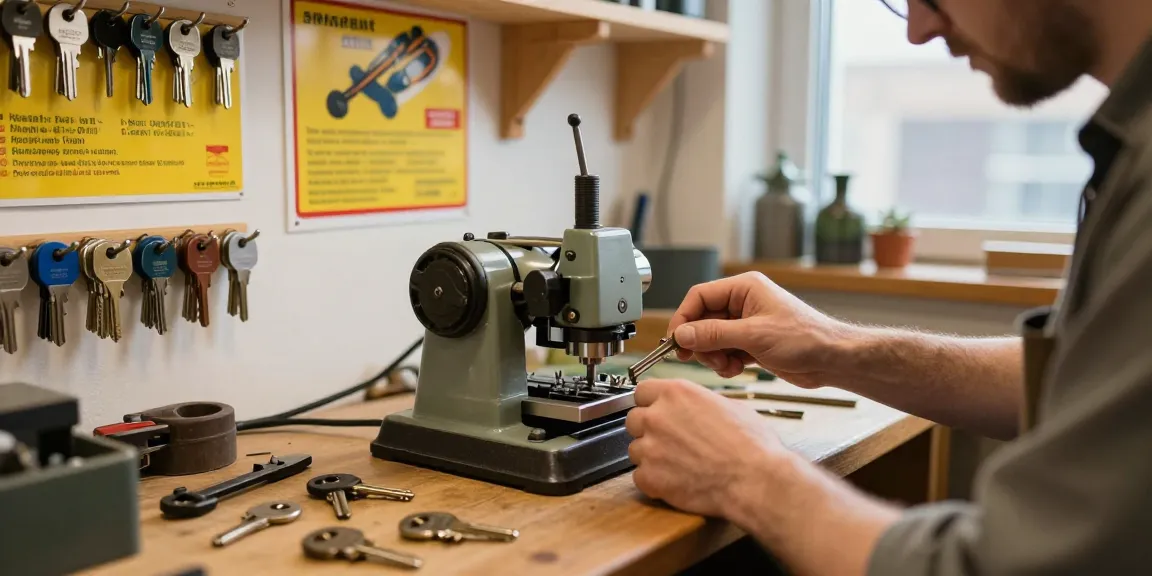Schlüssel nachmachen Hamburg in einer gemütlichen Schlüsseldienstwerkstatt mit Handwerker an einer Schlüsselmaschine.