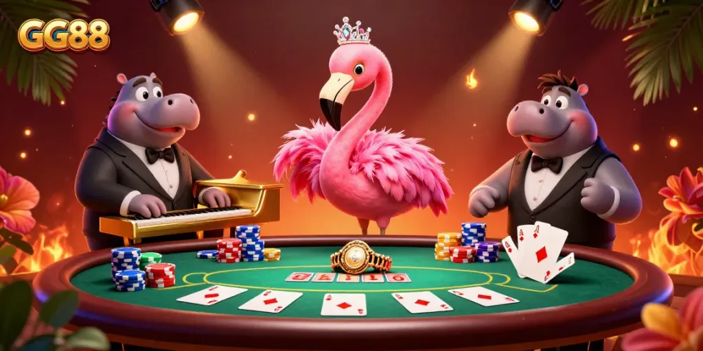 Experience the vibrant GG88 casino scene with characters playing at a lively poker table surrounded by dazzling game elements.