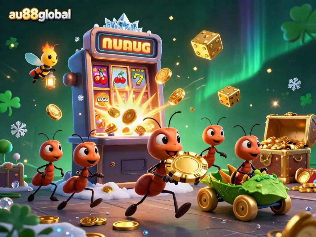 Capture thrilling moments with au88global as ants run a heist carrying a massive poker chip in a vibrant casino scene.