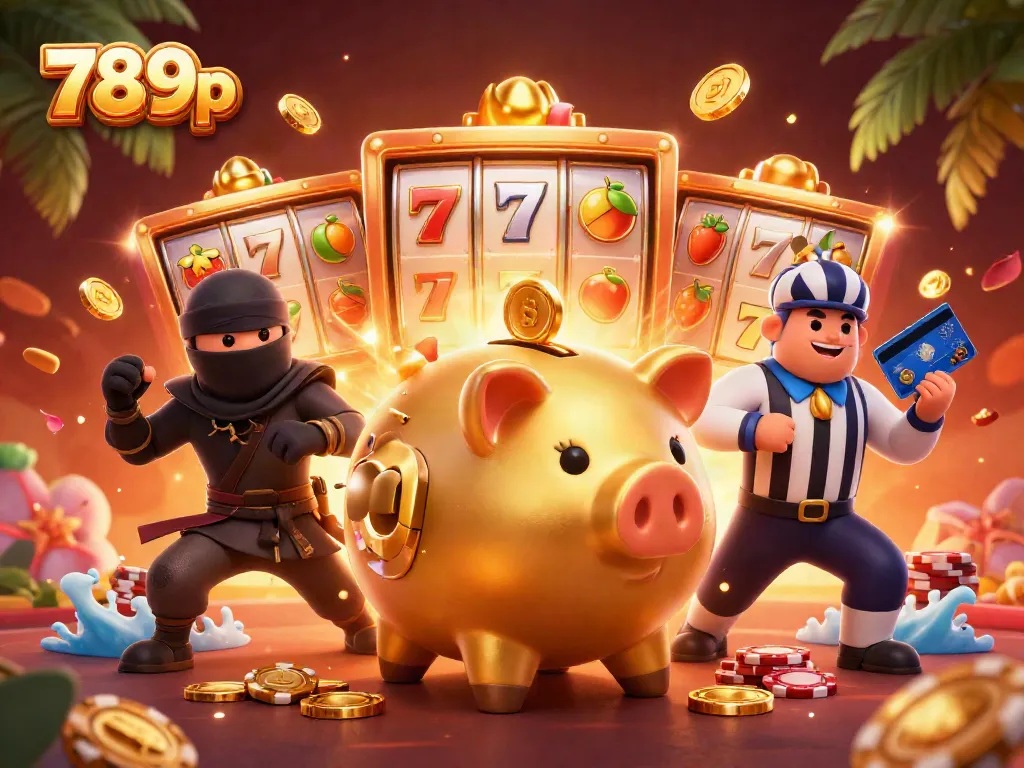 Engage with the 789p slot experience through an energetic scene featuring a golden piggy bank and vibrant casino elements.