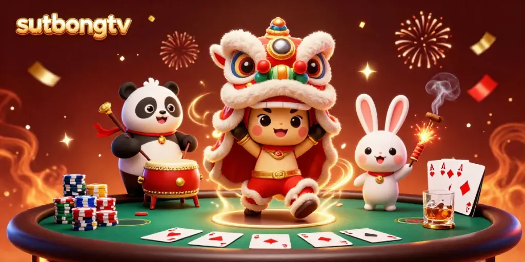 Sutbongtv showcases a festive gambling scene with characters dancing around a poker table, rich in color and detail.