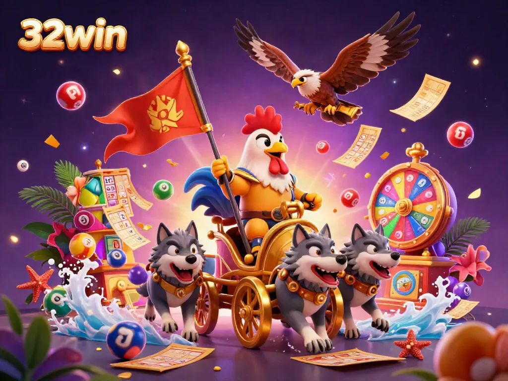 Engage with dynamic gaming at 32win featuring vibrant lottery elements and a majestic rooster warlord.