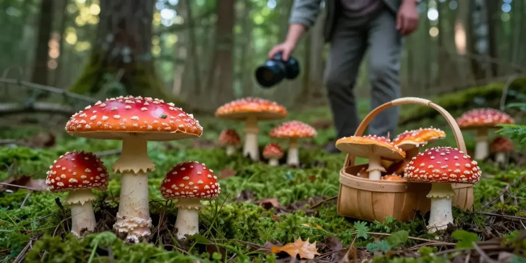 Fliegenpilz kaufen: Frische Amanita Muscaria im Wald mit rustikalem Korb.