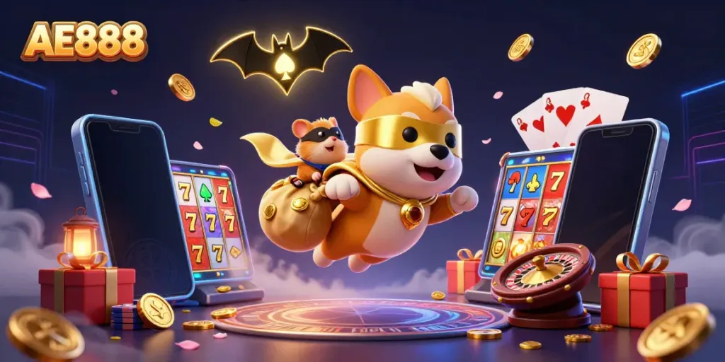 Experience thrilling gameplay at AE888 with our 3D superhero dog navigating a vibrant, gold-filled casino scene.