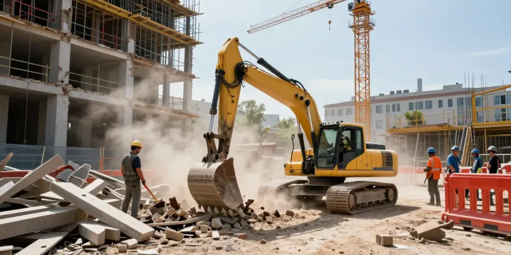 Abriss Wien: Professioneller Abrissarbeiter im Einsatz mit Bagger auf einer Baustelle in Wien.