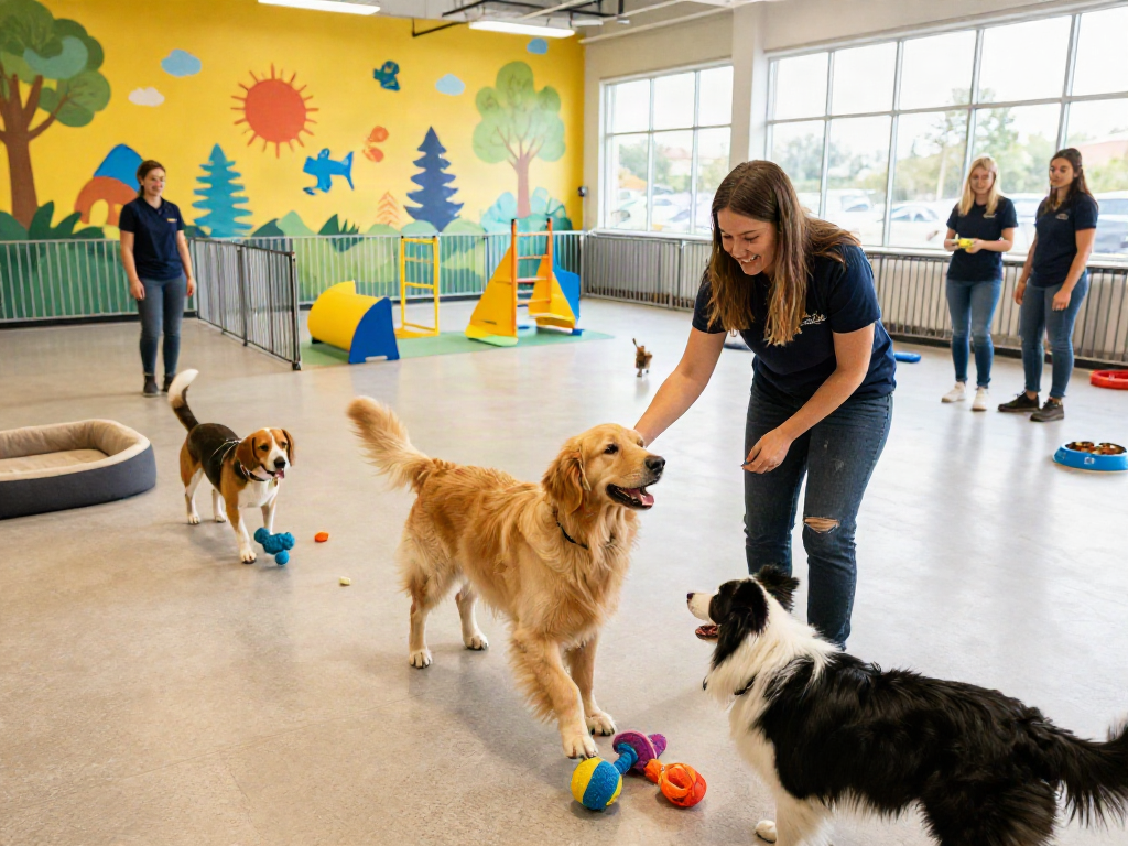Engaging dogs playing at a daycare while planning to deposit 10k for future pet care.