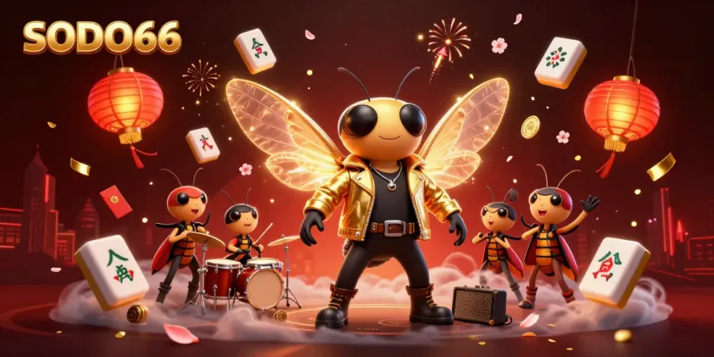 Experience the excitement of SODO66 with a vibrant casino-themed rock concert scene featuring animated characters and colorful game elements.