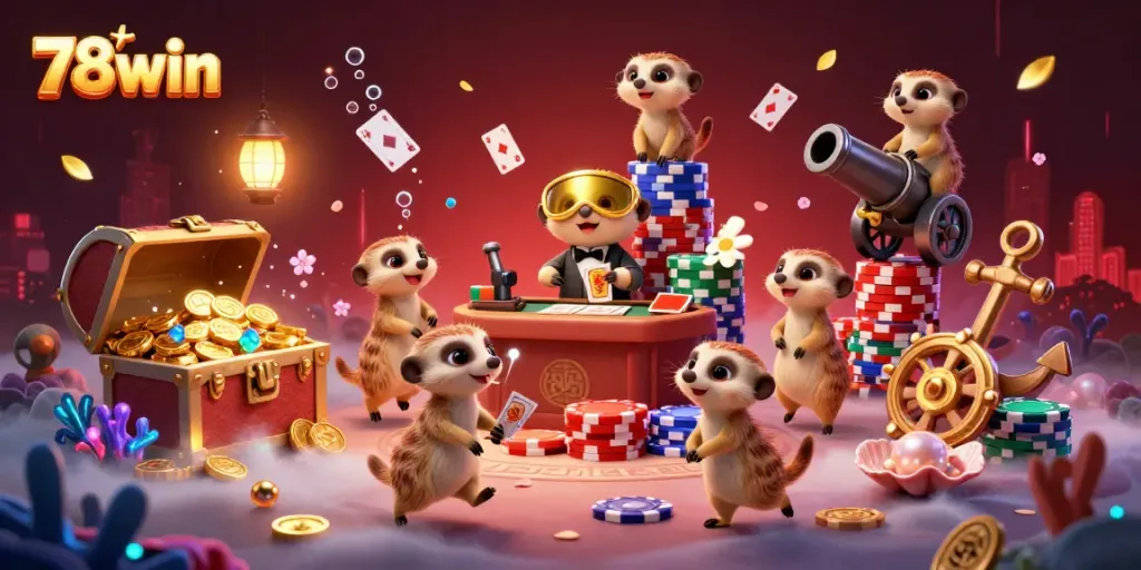Experience the bustling gaming atmosphere of 78win with meerkats engaging in lively casino operations, bursting with excitement.