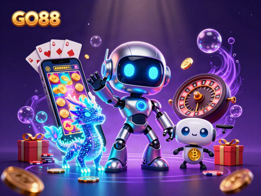 Take a chance with GO88 in this vibrant, dynamic 3D gambling scene featuring casino games and characters.