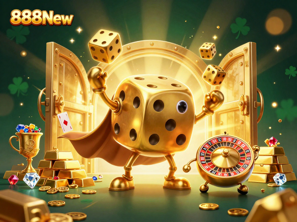 Experience the thrill of winning at 888New with vibrant golden dice and treasure in a stunning casino scene.