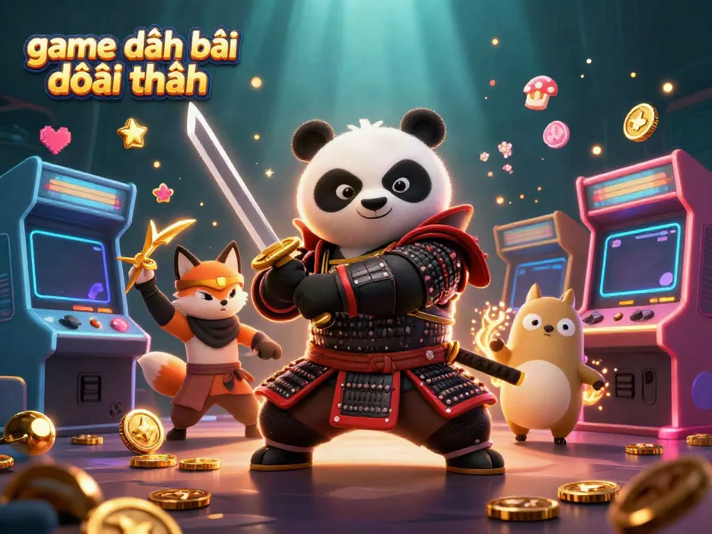 Experience the thrilling game đánh bài đổi thưởng in an action-packed scene with samurai panda and ninja fox.