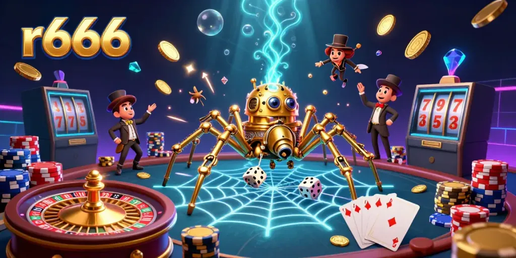 Engage with r666's thrilling casino adventure featuring a steampunk spider and playful dice.