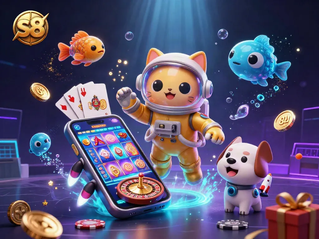 Spin and win on the s8 slots while a golden astronaut cat floats through a cosmic casino adventure.