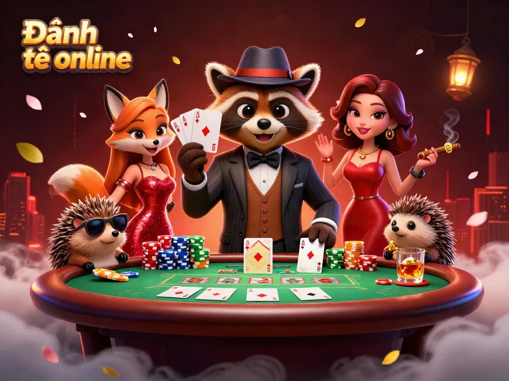 Engage in Đánh đề online with a raccoon in a tux, a fox, and a hedgehog at a poker table.