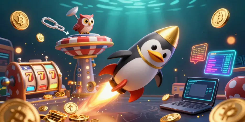 Experience slot excitement with a 3D penguin navigating a cosmic casino, surrounded by golden coins and jackpots.