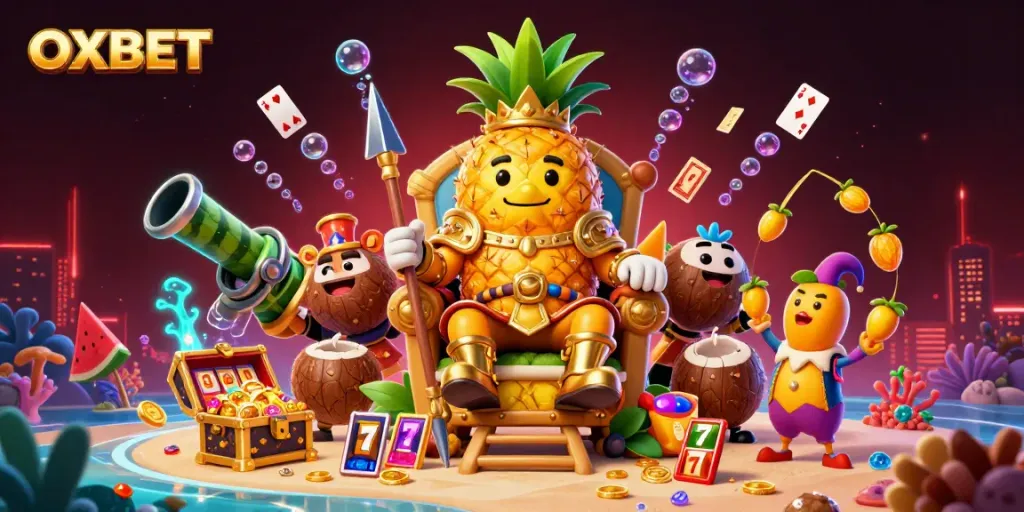 Experience thrilling gameplay with OXBET at this vibrant beach casino scene featuring fun characters and game elements.