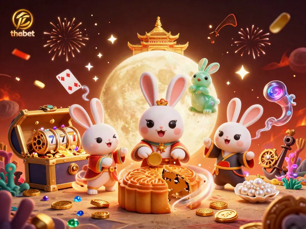 Experience gaming with thabet as a moon rabbit uncovers poker chips within golden mooncakes amidst a vibrant casino scene.