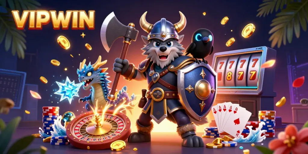 Experience excitement at VIPWIN with a Viking wolf warrior amidst dazzling casino elements.