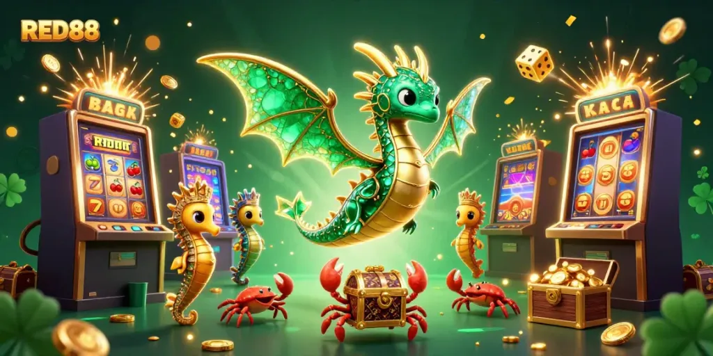 Experience the thrilling gameplay of RED88 with a magical sea dragon and vibrant casino elements.