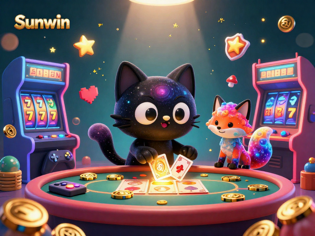 Experience the thrilling universe of Sunwin as a cartoon black hole cat and a nebula fox engage at a cosmic casino table, surrounded by dynamic gaming elements.