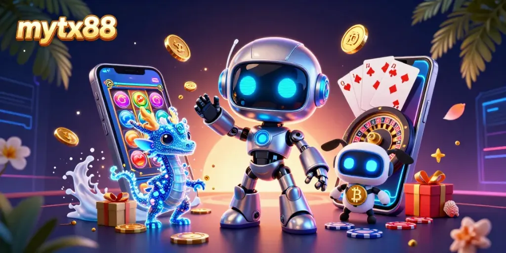 Engage in immersive gaming with mytx88's vibrant 3D casino experience, featuring a cyberpunk robot and crypto elements.