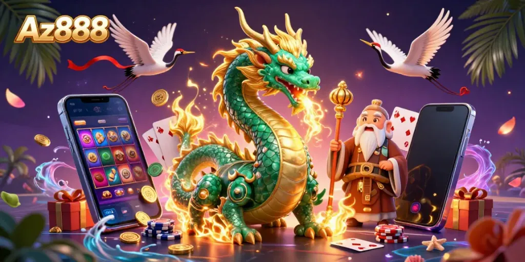 Experience thrilling games at Az888 with a vibrant 3D scene of luck and excitement featuring a jade dragon and wise turtle.
