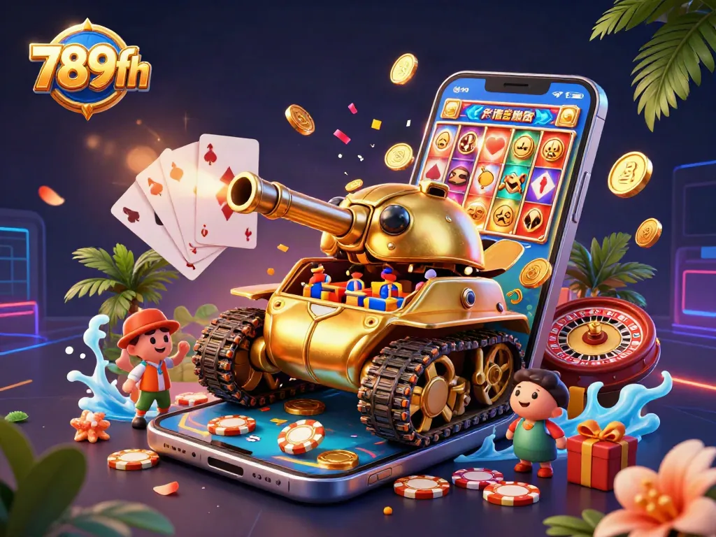 Engage with exciting games at 789fh, featuring vibrant 3D casino visuals with slot machines and cards.