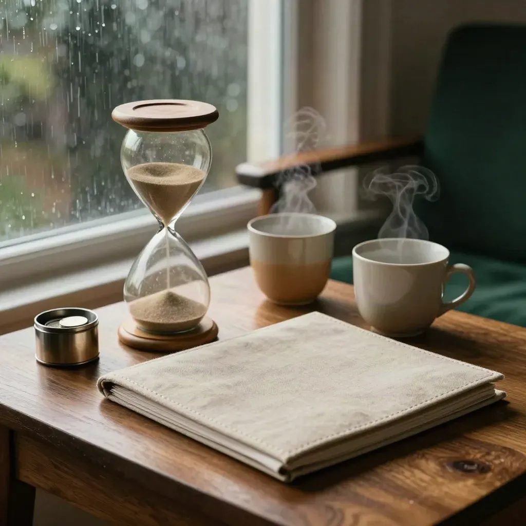 Abendliche Rentenplanung mit Sanduhr, Ordner, Tassen und Münzbecher am Sessel.