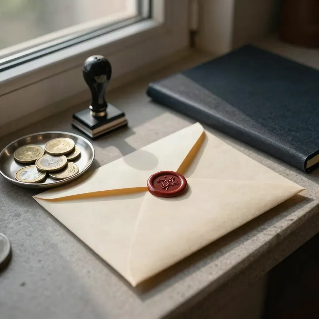 Versiegelter Umschlag, Münzschale, Stempel und Ordner auf Stein im Abendlicht.