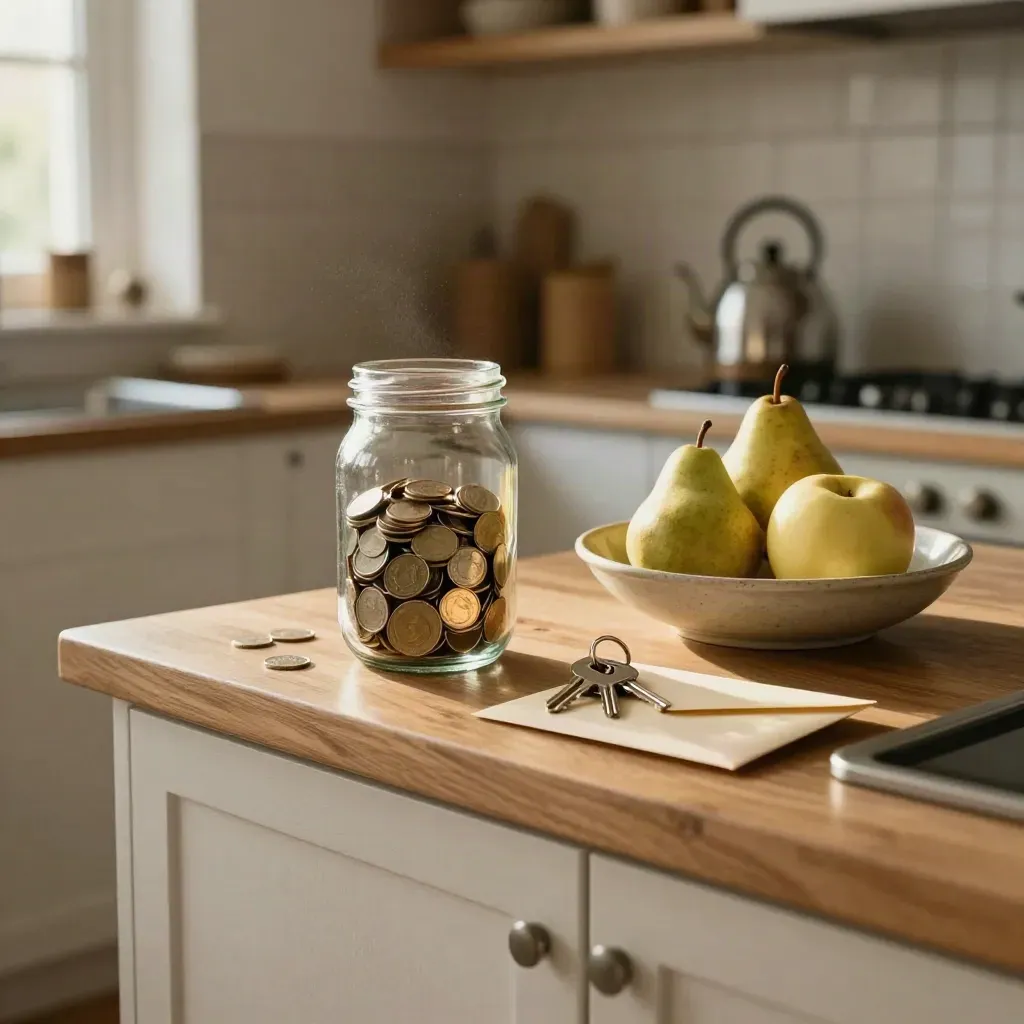 Glas mit Münzen, Obstschale, Schlüsselablage und Umschlag am warmen Küchenrand.
