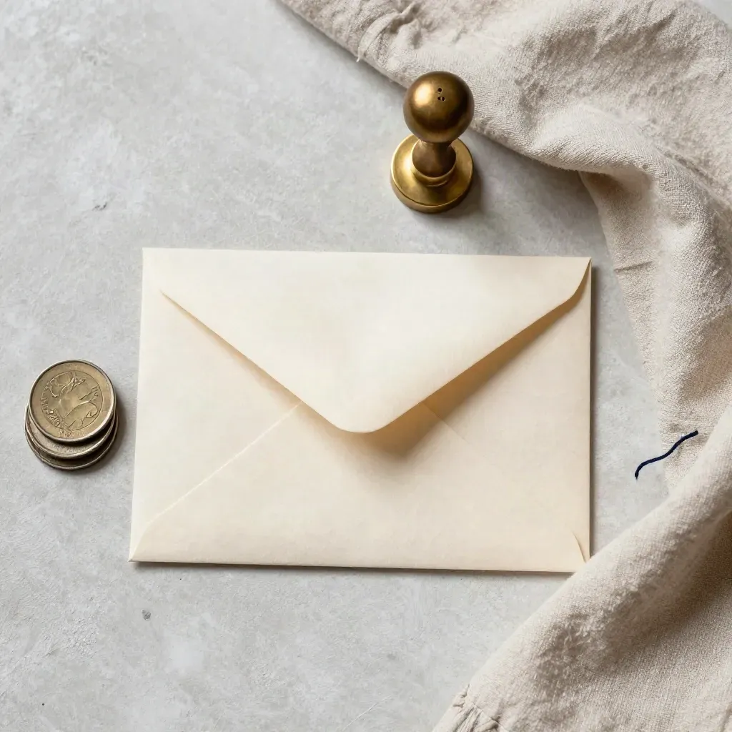 Versiegelter Umschlag mit Münzstapel, Messingstempel und Leinentuch auf hellem Putz.