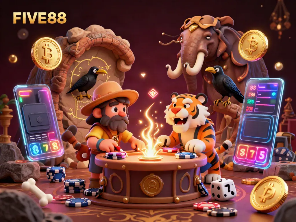 Experience gaming excitement at FIVE88 with a vibrant prehistoric casino scene featuring unique characters and dynamic elements.