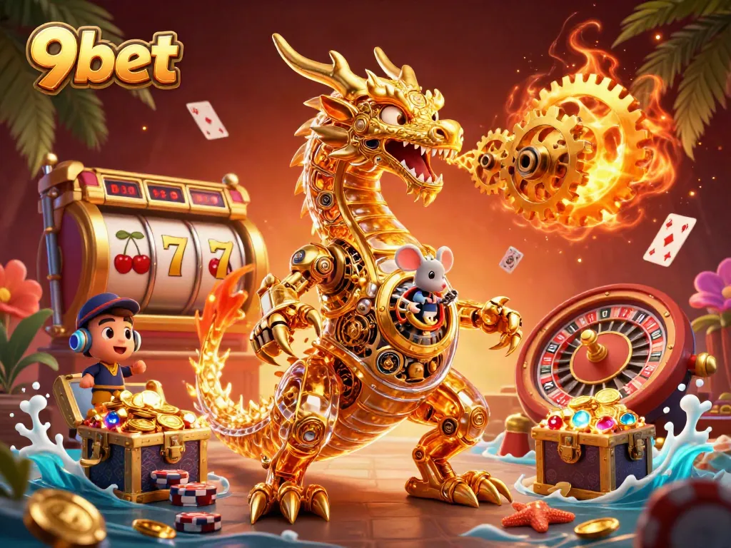 Experience gaming thrills with 9bet's dynamic 3D casino scene full of excitement and vibrant visuals.