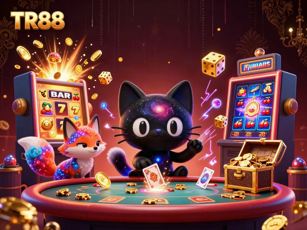 Join TR88’s cosmic casino adventure with a black hole cat and a nebula fox, gaming with golden chips.
