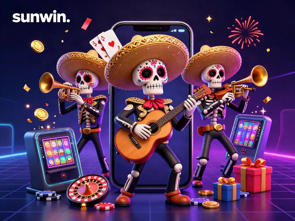 Experience the colorful excitement of online games at sunwin. with a spirited mariachi band surrounded by gaming elements.