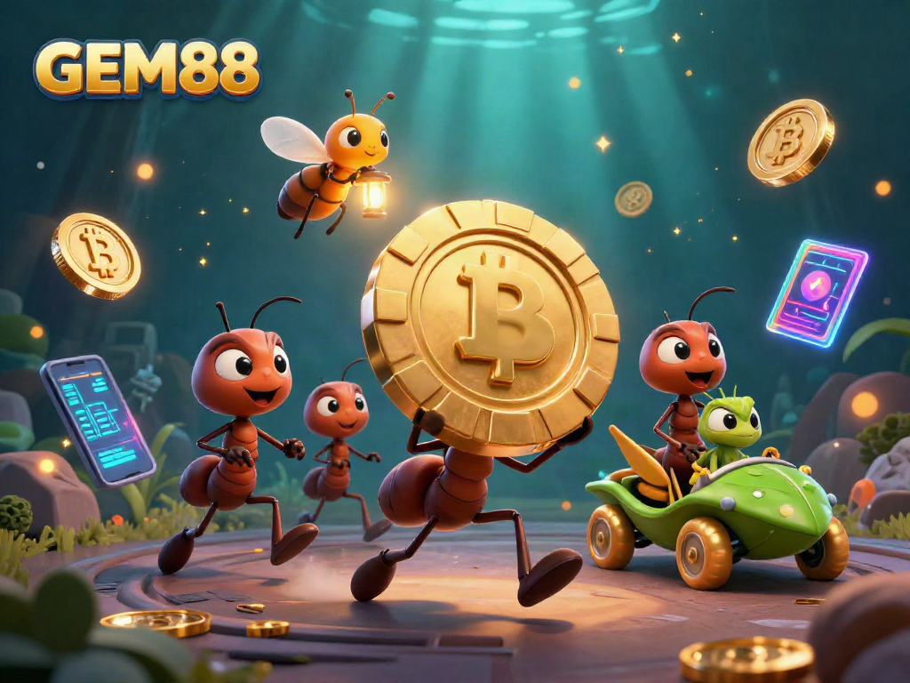 Experience GEM88's action-packed heist scene featuring ants and crypto elements while capturing the thrill of gaming.