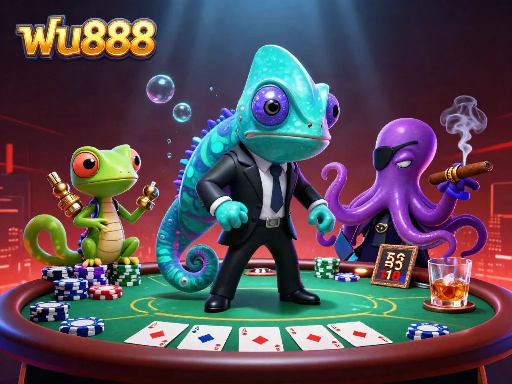 Experience the thrill of ฟัน888 with a colorful 3D casino scene featuring dynamic characters and poker action.