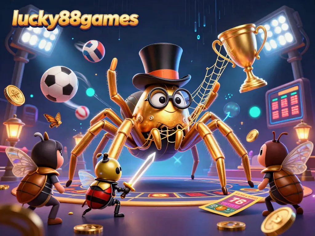 Experience the excitement at lucky88games with a dynamic casino scene featuring vibrant characters and gambling elements.