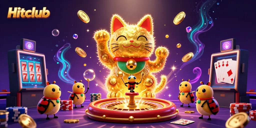 Experience winning strategies with Hitclub's vibrant casino-themed golden lucky cat filled with game elements and dynamic light.