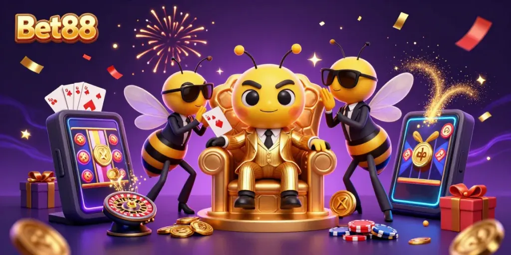 Bet88 showcases a vibrant 3D cartoon scene with casino elements and characters celebrating wins.