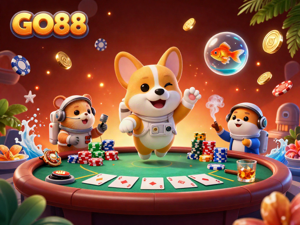 Experience the excitement of GO88 with a playful astronaut corgi and vibrant casino elements.