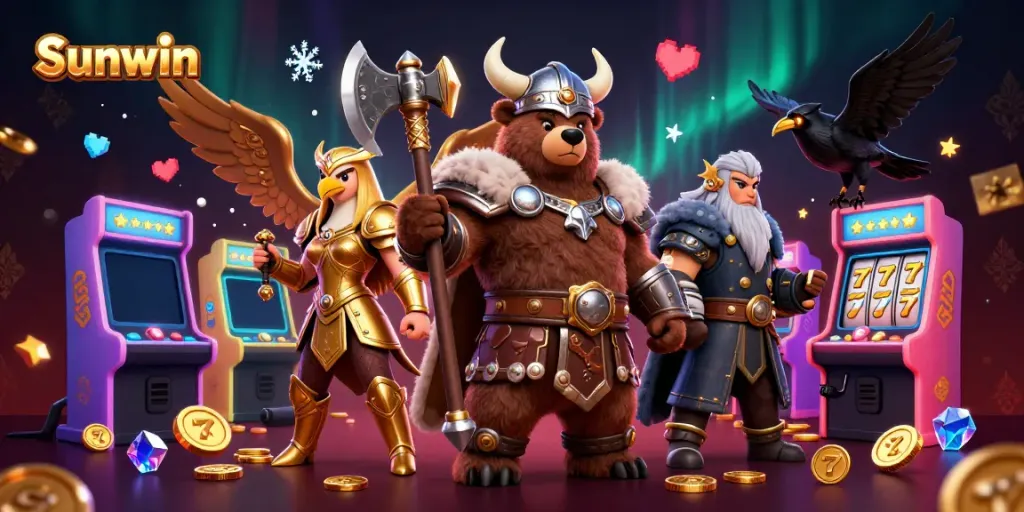 Engage with thrilling games at Sunwin with a dynamic 3D casino illustration scene featuring vibrant slot machines.